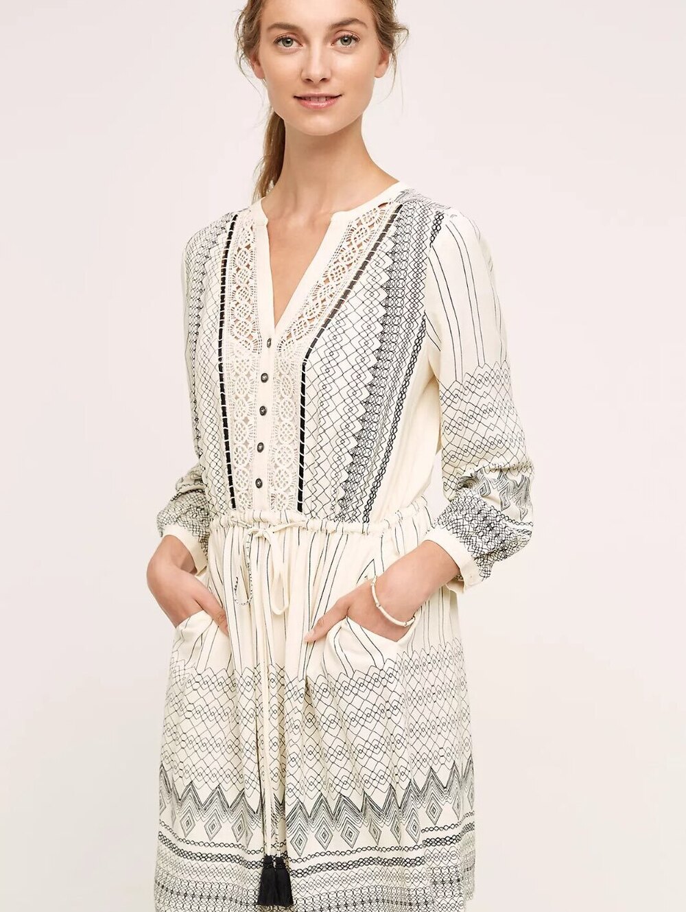 Anthropologie Floreat Perrie Lace Dress Ivory Black Tassel Waist Size 6